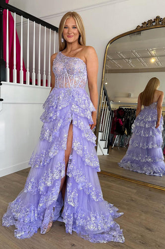 Sparkly Lilac One Shoulder Tiered Lace Long Prom Dress with Slit