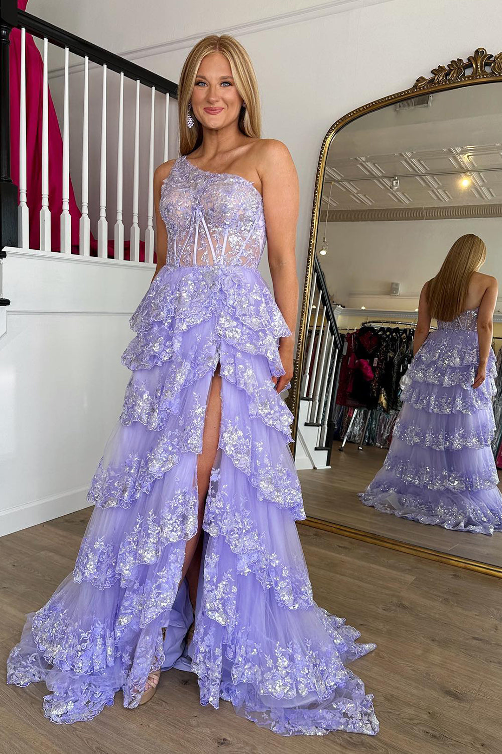 Sparkly Lilac One Shoulder Tiered Lace Long Prom Dress with Slit