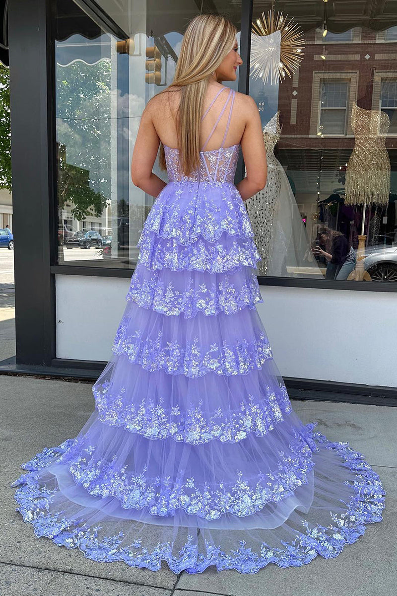 Load image into Gallery viewer, Sparkly Lilac One Shoulder Tiered Lace Long Prom Dress with Slit