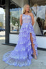 Load image into Gallery viewer, Sparkly Lilac One Shoulder Tiered Lace Long Prom Dress with Slit