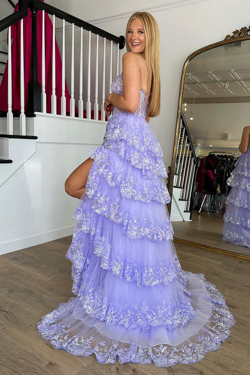 Load image into Gallery viewer, Sparkly Lilac One Shoulder Tiered Lace Long Prom Dress with Slit