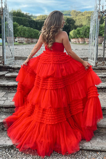 Glitter Beige Strapless Tulle Long Tiered Prom Dress with Slit