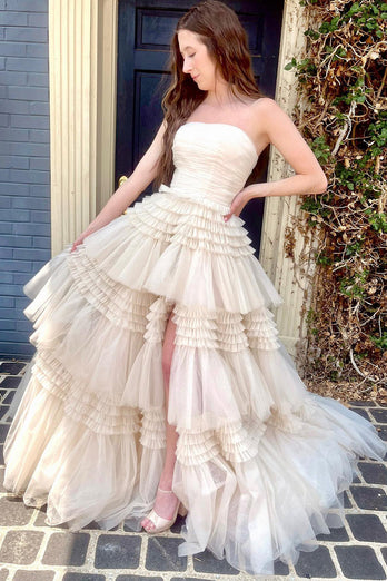 Glitter Beige Strapless Tulle Long Tiered Prom Dress with Slit