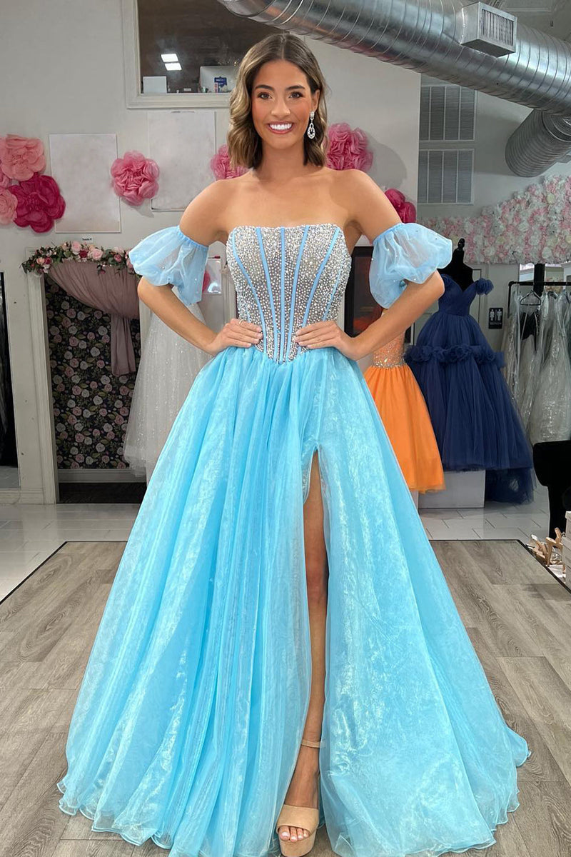 Load image into Gallery viewer, Sparkly Blue Beaded Detachable Short Sleeves A-Line Long Prom Dress with Slit