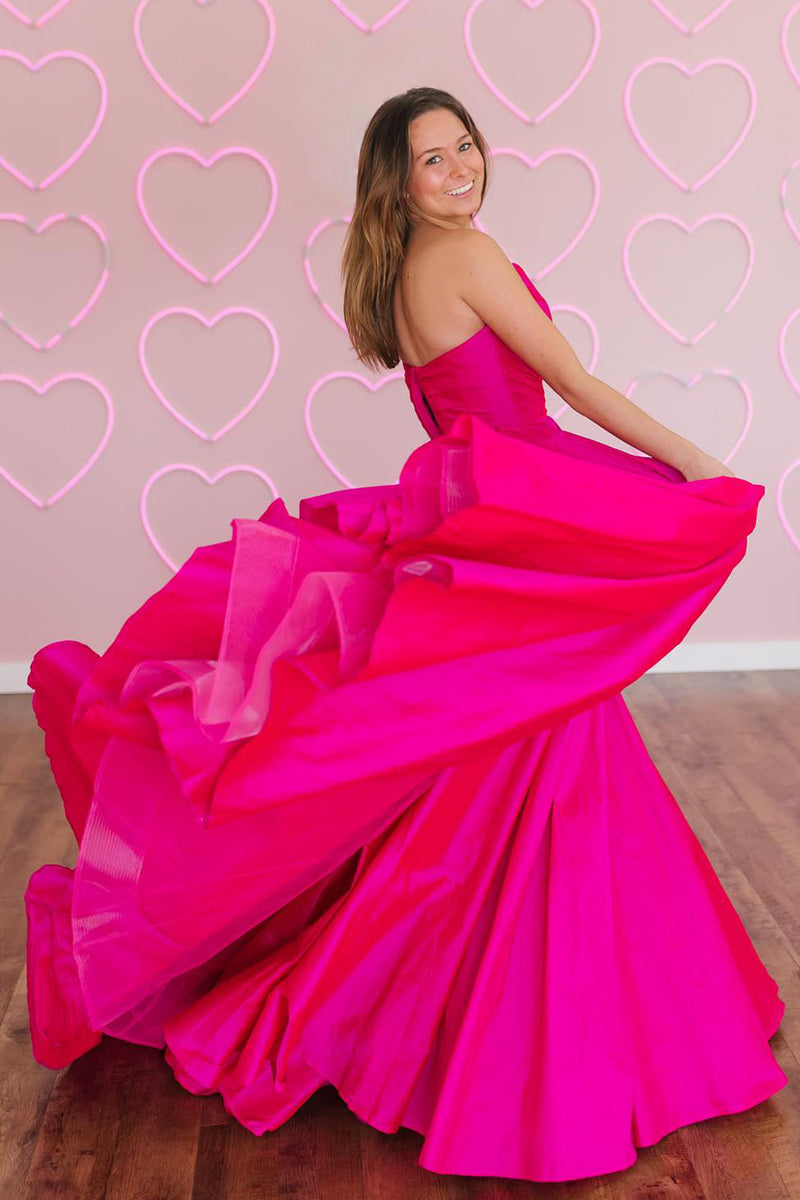 Load image into Gallery viewer, Fuchsia A-Line Sweetheart Sleeveless Satin Long Prom Dress