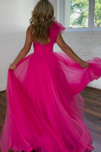 Fuchsia A-Line One Shoulder Long Tulle Prom Dress with Ruffles