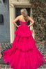 Load image into Gallery viewer, Sparkly Fuchsia Tulle Tiered Corset Long Prom Dress with Lace