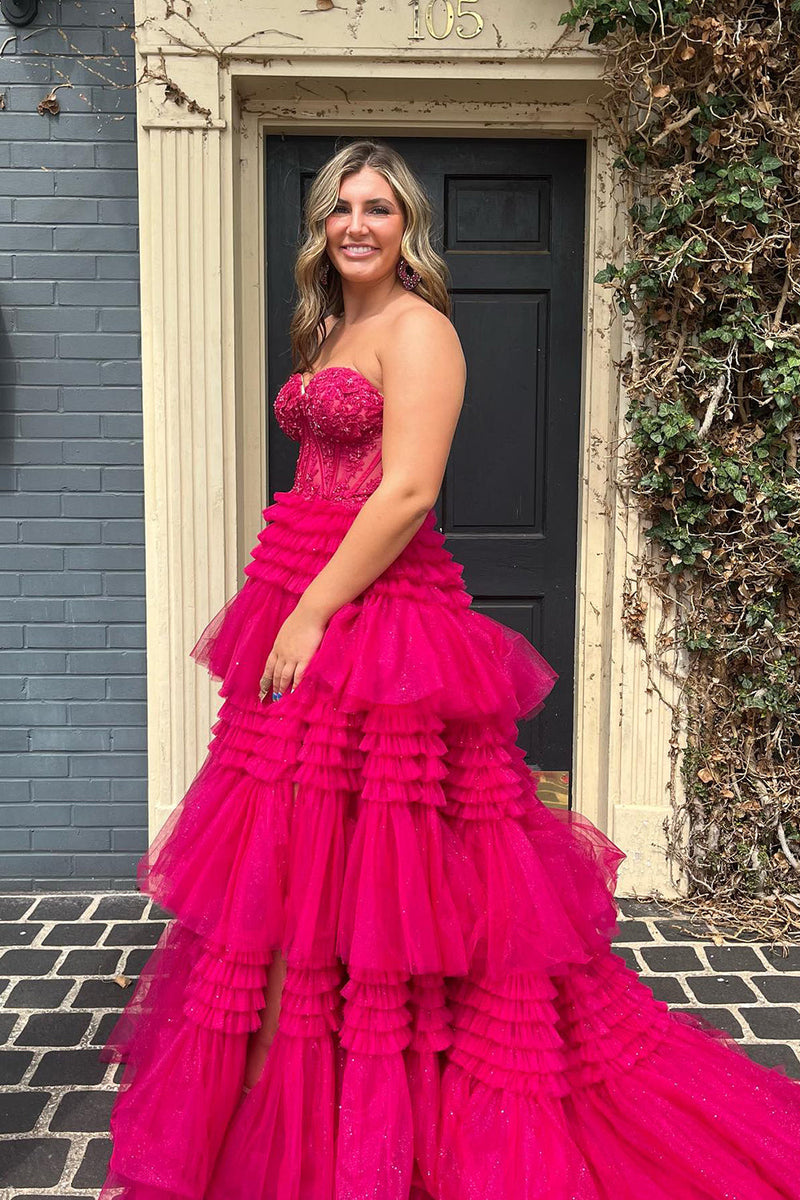 Load image into Gallery viewer, Sparkly Fuchsia Tulle Tiered Corset Long Prom Dress with Lace