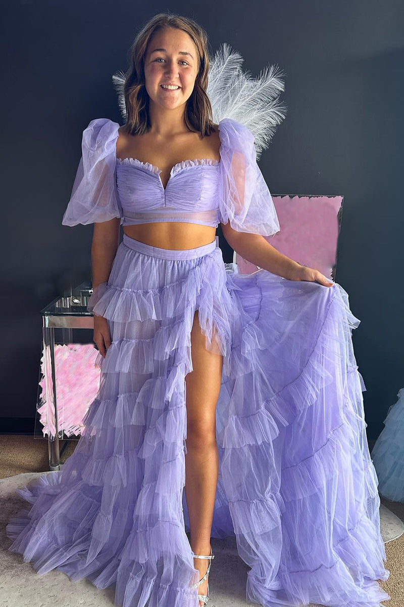 Load image into Gallery viewer, Lilac Two Piece Ruffled A-Line Long Prom Dress with Slit