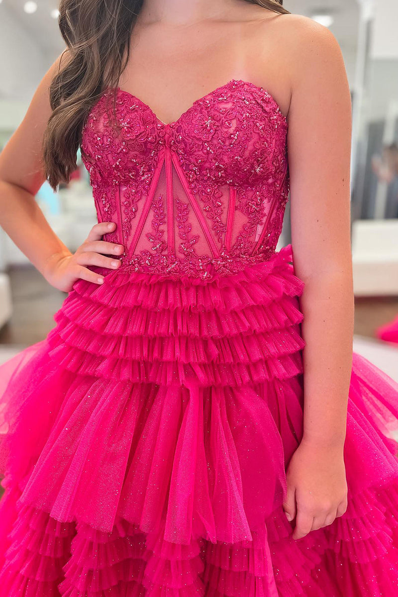 Load image into Gallery viewer, Sparkly Fuchsia Tulle Tiered Corset Long Prom Dress with Lace