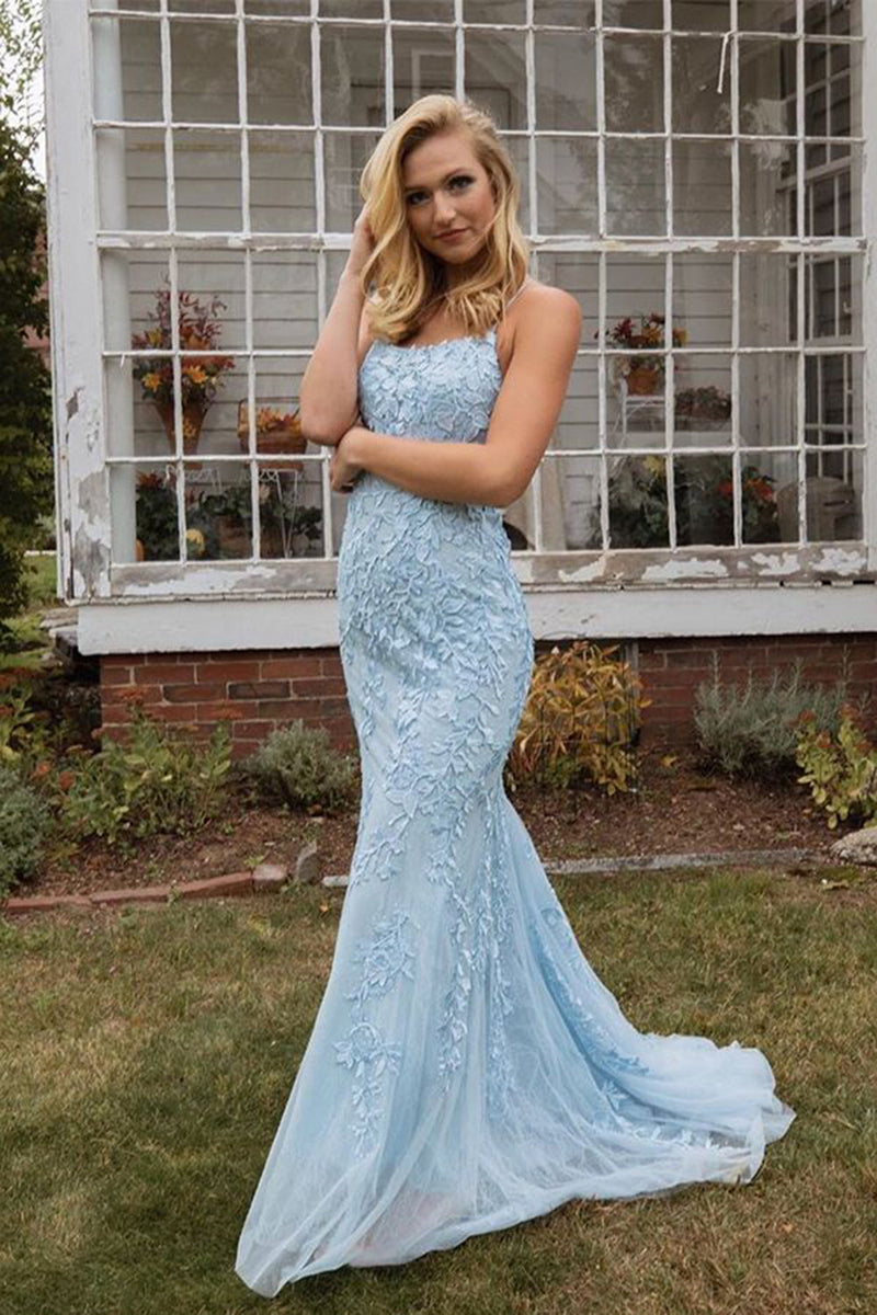 Load image into Gallery viewer, Blue Spaghetti Straps Backless Prom Dress