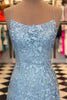 Load image into Gallery viewer, Blue Spaghetti Straps Backless Appliques Prom Dress