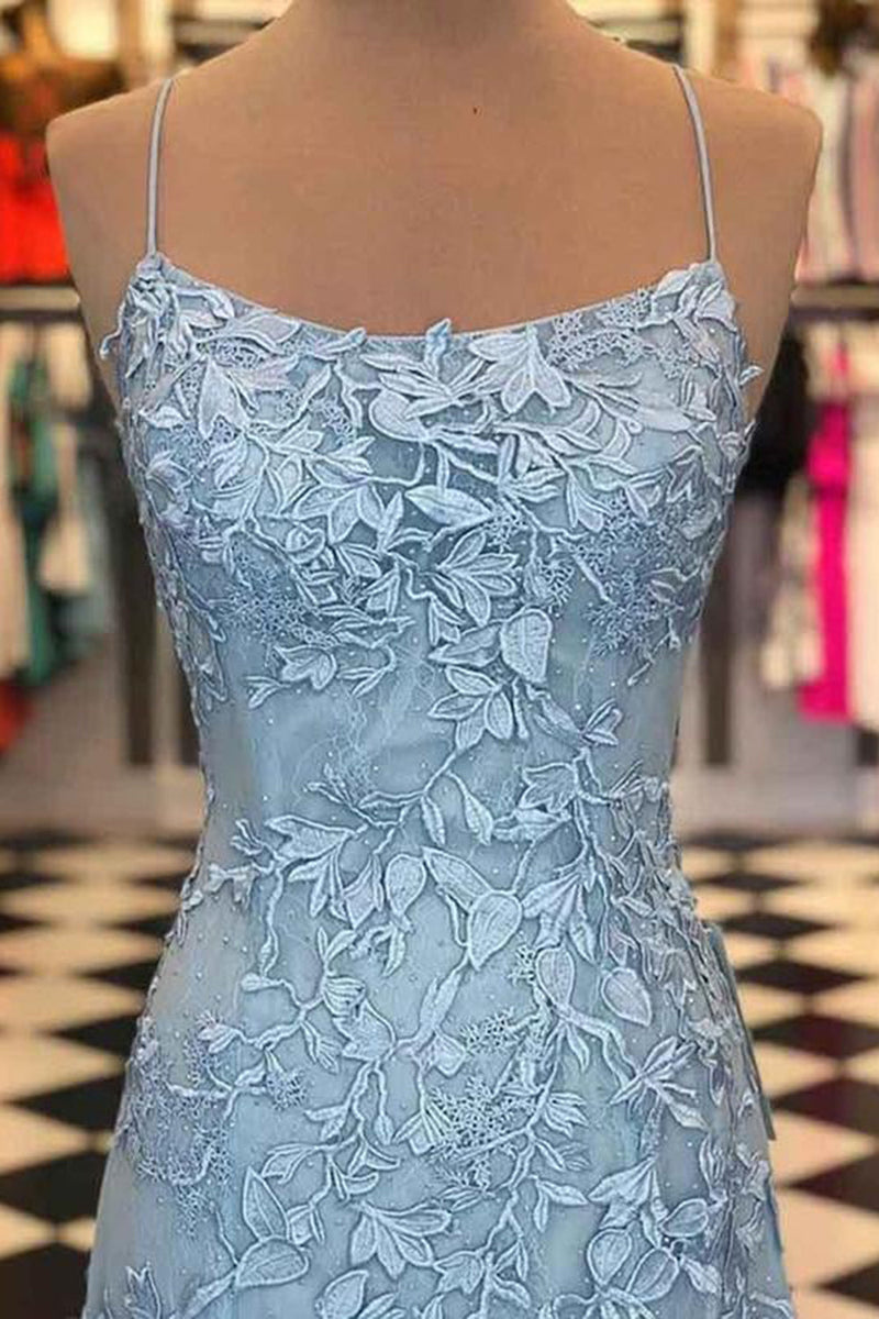 Load image into Gallery viewer, Blue Spaghetti Straps Backless Appliques Prom Dress