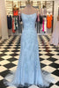 Load image into Gallery viewer, Blue Spaghetti Straps Backless Appliques Prom Dress