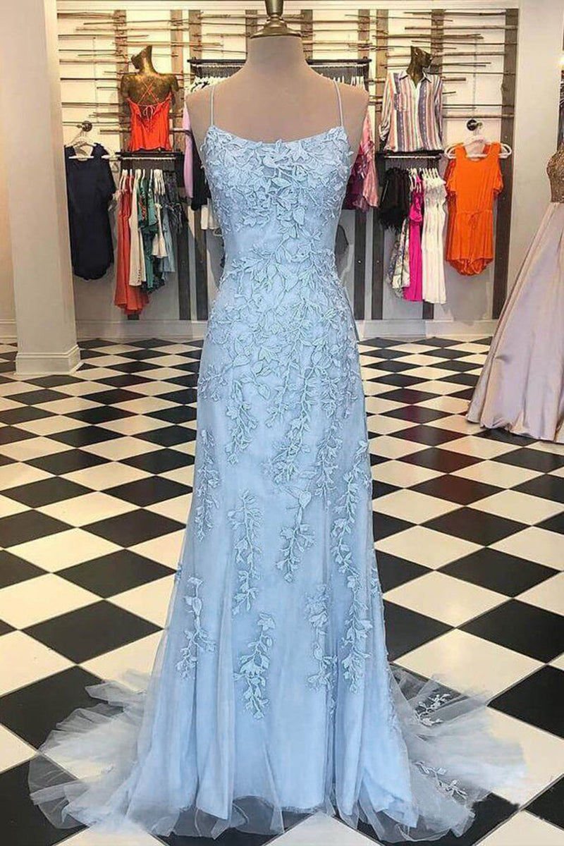 Load image into Gallery viewer, Blue Spaghetti Straps Backless Appliques Prom Dress