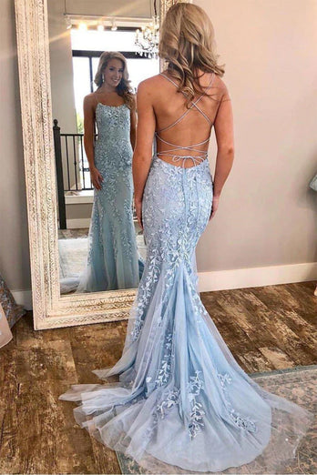 Mint Spaghetti Straps Appliques Prom Dress