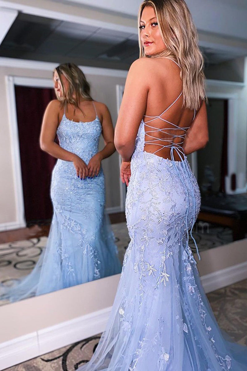 Load image into Gallery viewer, Blue Lace Mermaid Backless Prom Formal Dress