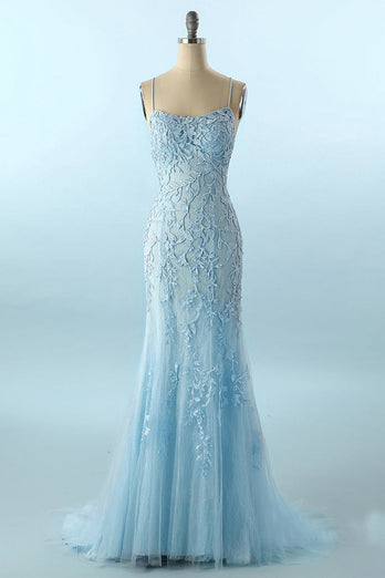 Mermaid Blue Long Prom Dress Backless Evening Dress