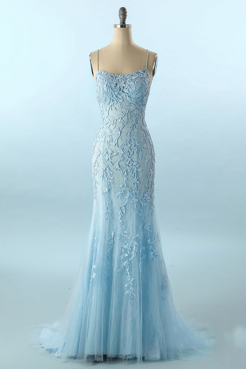 Load image into Gallery viewer, Blue Spaghetti Straps Backless Prom Dress