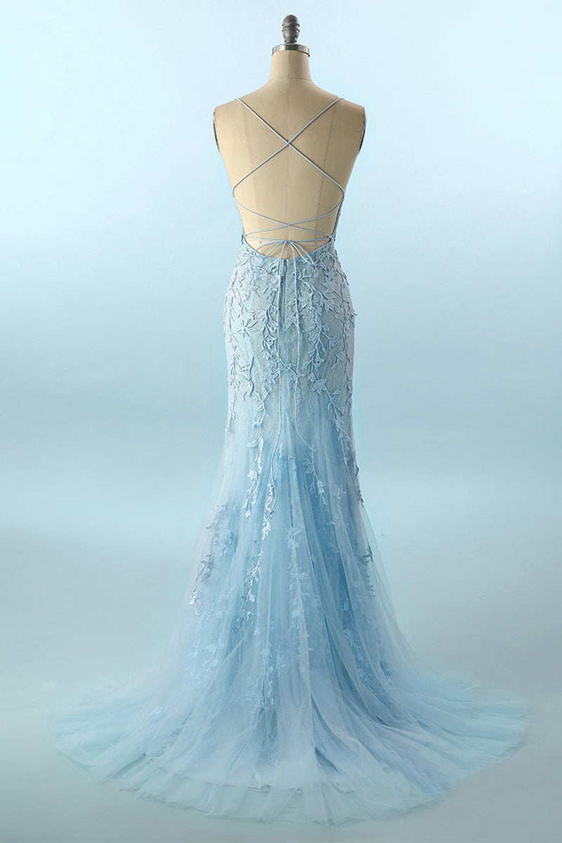 Load image into Gallery viewer, Blue Spaghetti Straps Backless Prom Dress