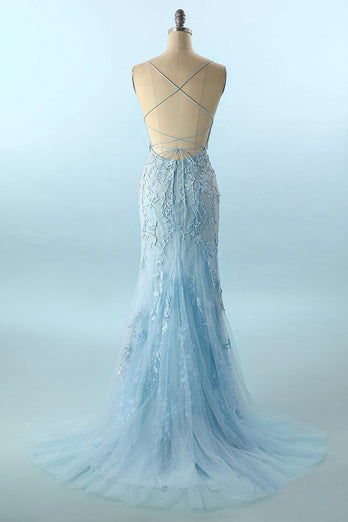 Blue Lace Mermaid Backless Prom Formal Dress