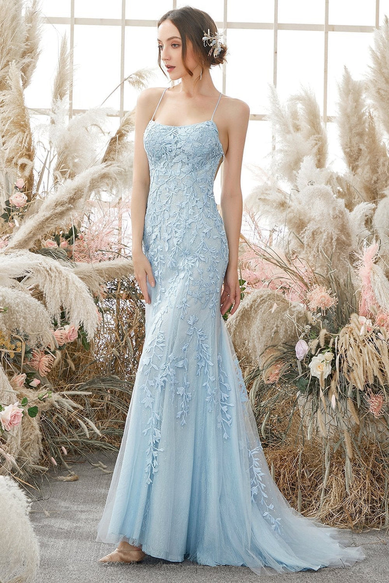 Load image into Gallery viewer, Mermaid Blue Long Prom Dress Backless Evening Dress