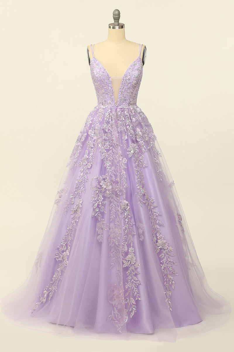 Load image into Gallery viewer, Purple Spaghetti Straps Prom Dress With Appliques