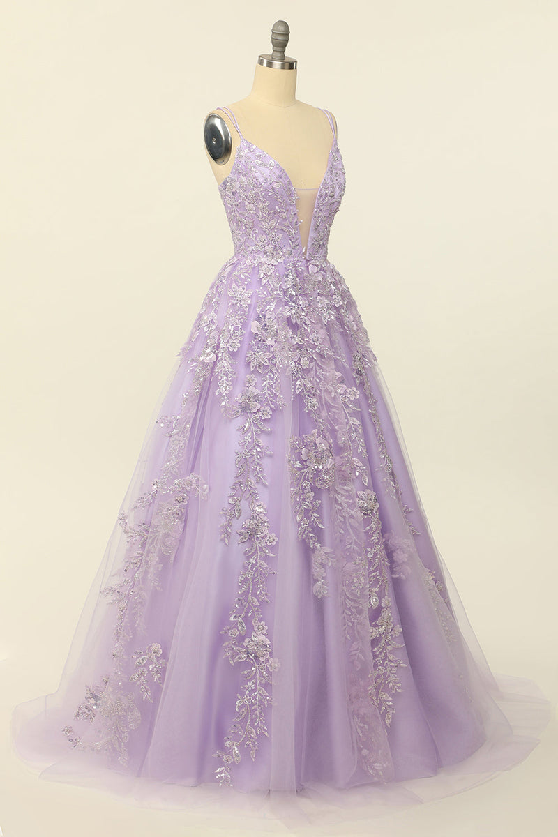 Load image into Gallery viewer, Purple Spaghetti Straps Prom Dress With Appliques