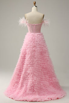 A Line Off the Shoulder Pink Corset Prom Dress with Ruffled Feathers