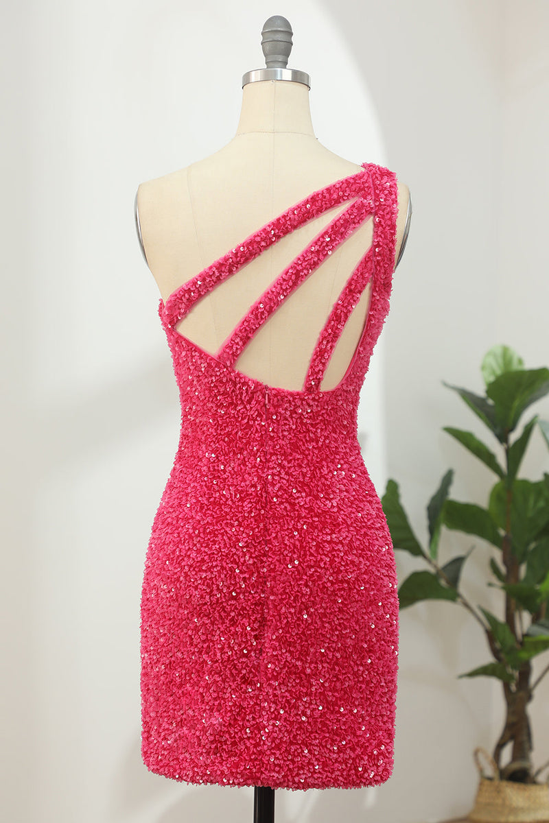 Load image into Gallery viewer, Sheath One Shoulder Fuchsia Short Homecoming Dress with Appliques