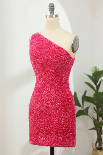 Sheath One Shoulder Fuchsia Short Homecoming Dress with Appliques