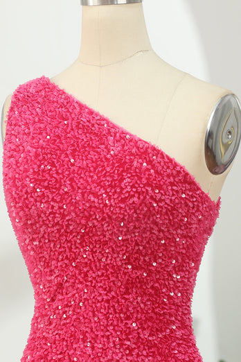 Hot Pink Open Sequins One Shoulder Tight Homecoming Dress