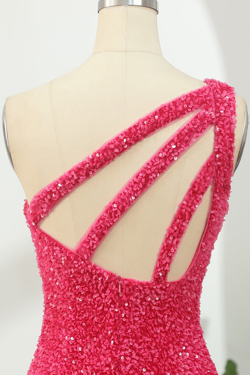 Load image into Gallery viewer, Sheath One Shoulder Fuchsia Short Homecoming Dress with Appliques