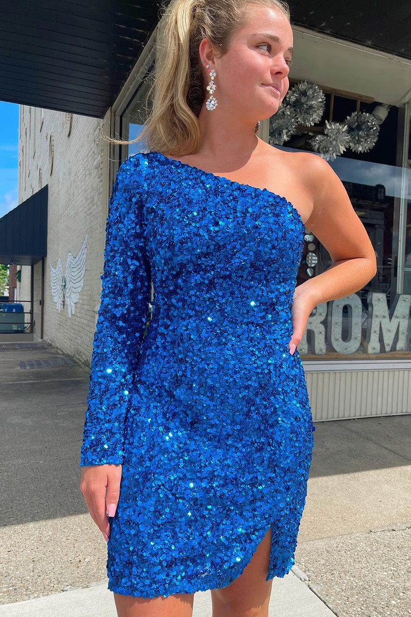 Load image into Gallery viewer, Blue Bodycon Sequins Short Homecoming Dress with Sleeves