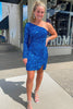 Load image into Gallery viewer, Blue Bodycon Sequins Short Homecoming Dress with Sleeves