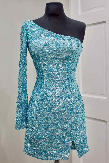 Blue Bodycon Sequins Short Homecoming Dress with Sleeves