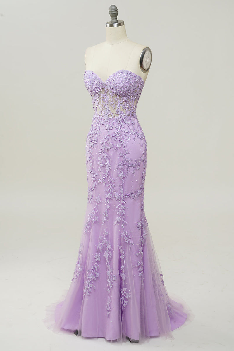 Load image into Gallery viewer, Purple Sweetheart Neck Mermaid Prom Dress With Appliques