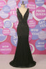 Load image into Gallery viewer, Black Mermaid Beaded Deep V Neck Prom Dress With Open Back