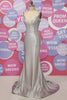 Load image into Gallery viewer, Mermaid Silver Spaghetti Straps Deep V Neck Prom Dress With Criss Cross Back