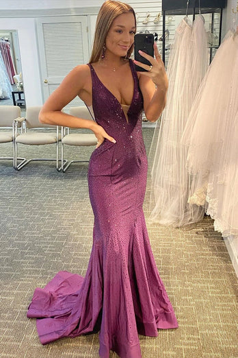 Mermaid Deep V Neck Orange Long Prom Dress with Beading