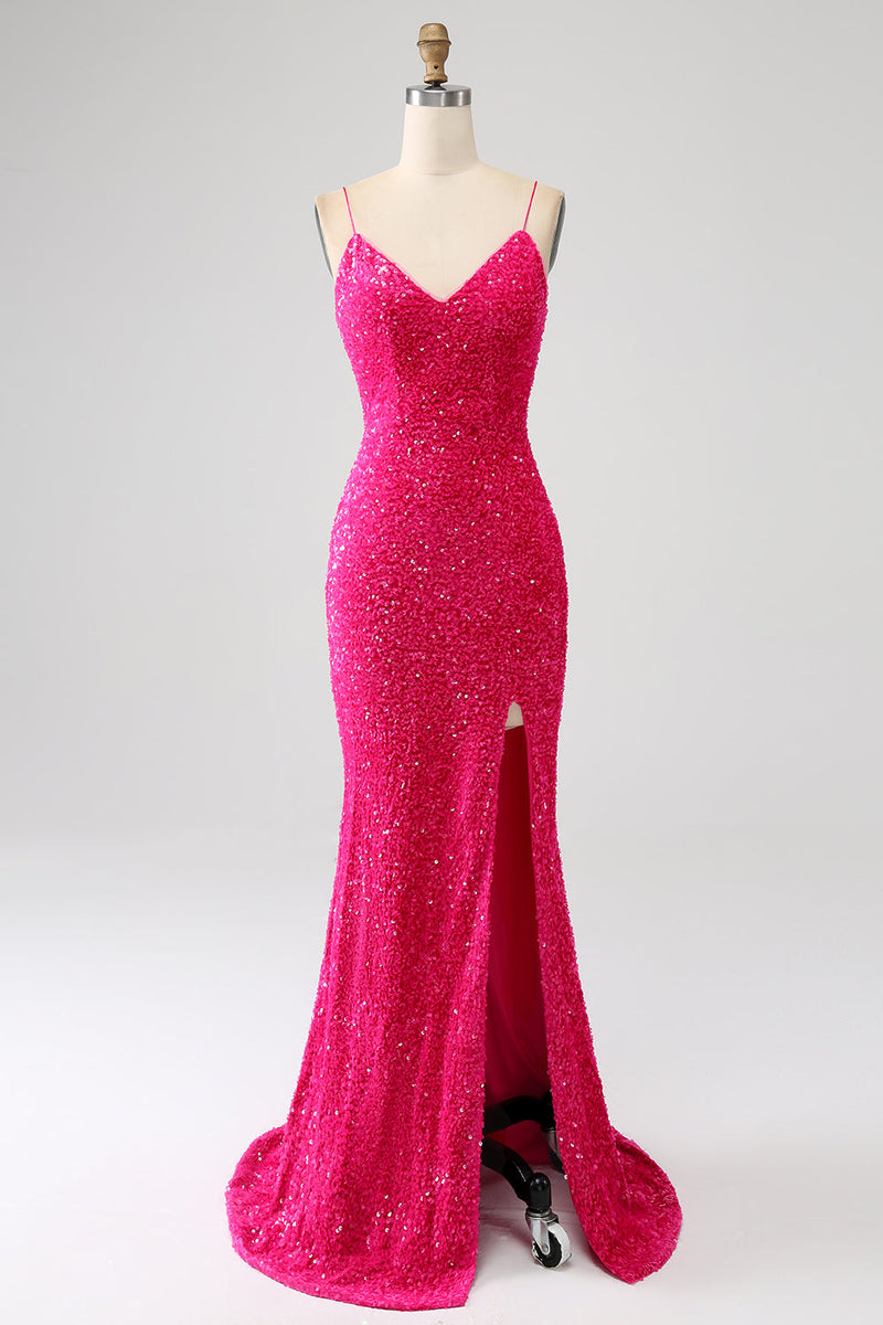 Load image into Gallery viewer, Fuchsia Mermaid Spaghetti Straps V-Neck Sequin Prom Dress With Split