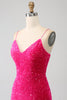 Load image into Gallery viewer, Fuchsia Mermaid Spaghetti Straps V-Neck Sequin Prom Dress With Split