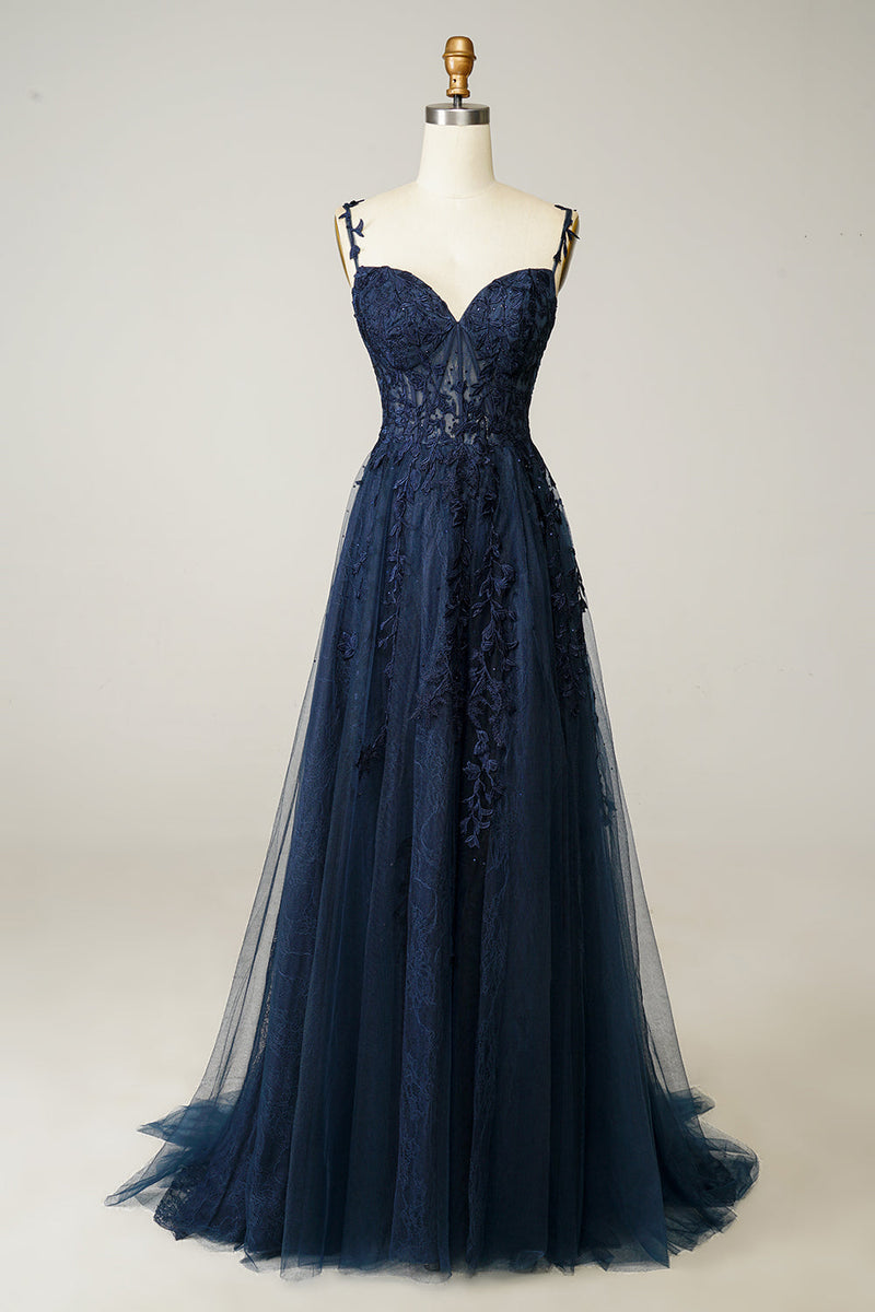 Load image into Gallery viewer, A Line Spaghetti Straps Navy Prom Dress with Appliques