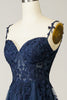 Load image into Gallery viewer, A Line Spaghetti Straps Navy Prom Dress with Appliques