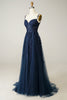 Load image into Gallery viewer, A Line Spaghetti Straps Navy Prom Dress with Appliques