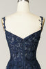 Load image into Gallery viewer, A Line Spaghetti Straps Navy Prom Dress with Appliques