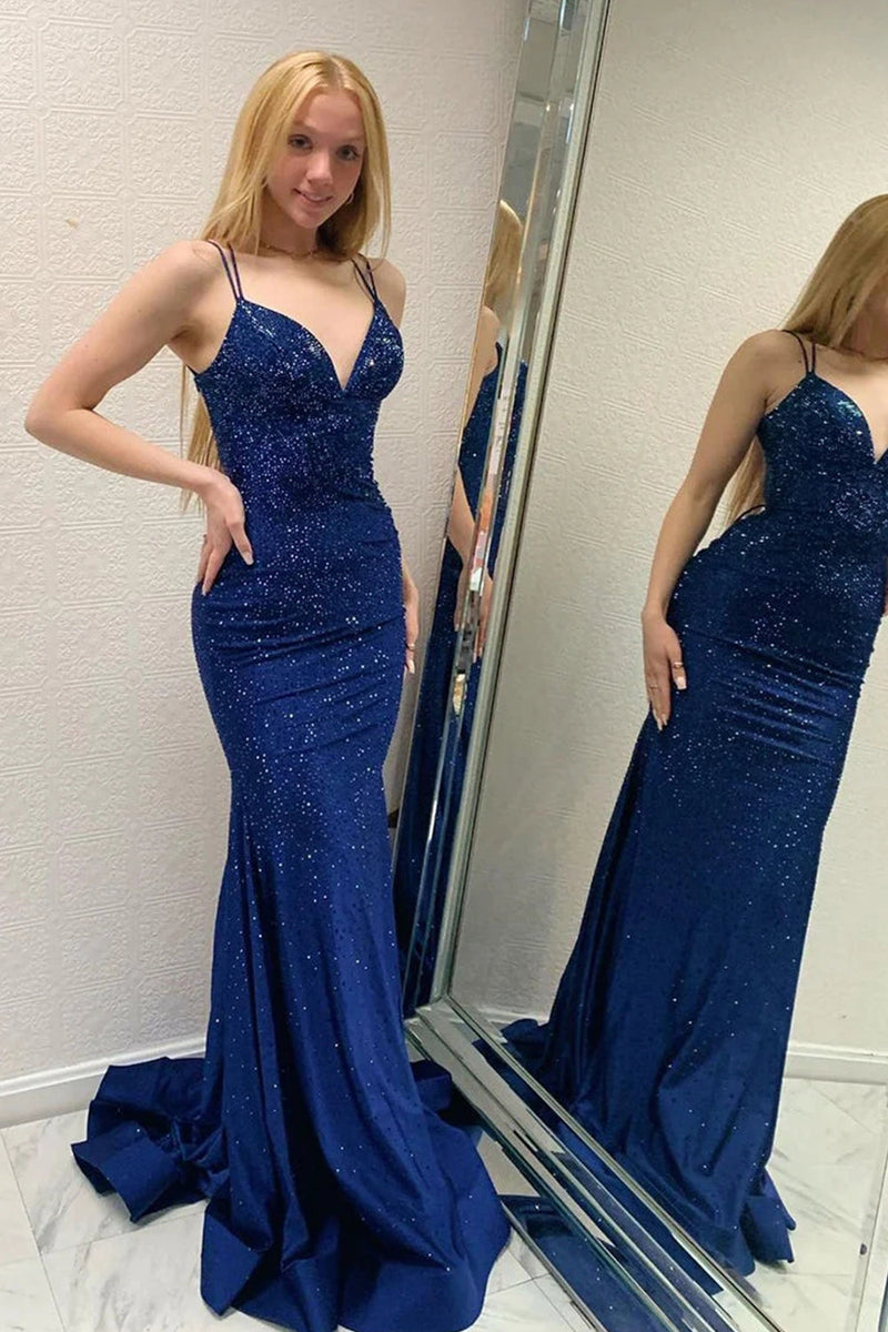 Load image into Gallery viewer, Sparkly Navy Beaded Mermaid Backless Long Prom Dress