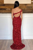 Load image into Gallery viewer, Sheath One Shoulder Red Sequins Long Prom Dress