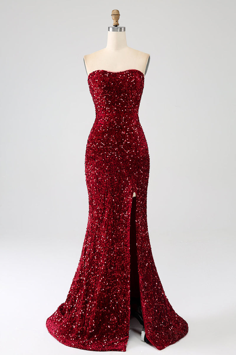 Load image into Gallery viewer, Red Strapless Sequins Long Mermaid Prom Dress With Slit