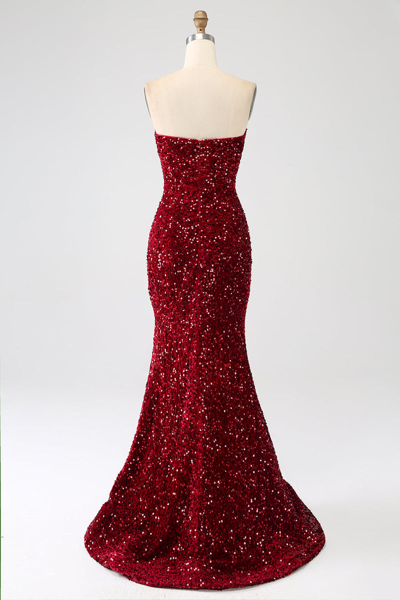 Load image into Gallery viewer, Red Strapless Sequins Long Mermaid Prom Dress With Slit